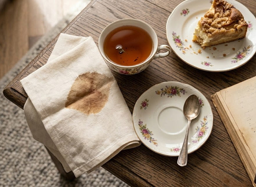 Brauner Teefleck auf einer hellen Stoffserviette neben einer Teetasse und einem Stück Kuchen auf einem Holztisch.