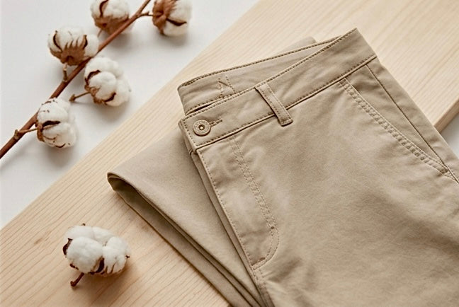 Nahaufnahme einer gefalteten beigen Hose auf einem hellen Holzbrett, dekoriert mit einem Zweig Baumwollblüten.