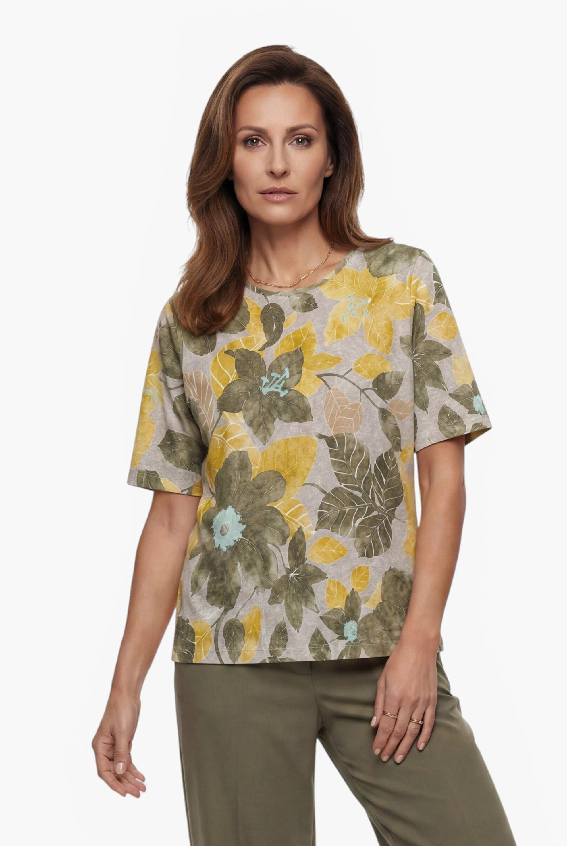 T-Shirt aus Baumwoll-Leinen-Mischgewebe mit Blumenmuster