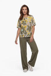 T-Shirt aus Baumwoll-Leinen-Mischgewebe mit Blumenmuster