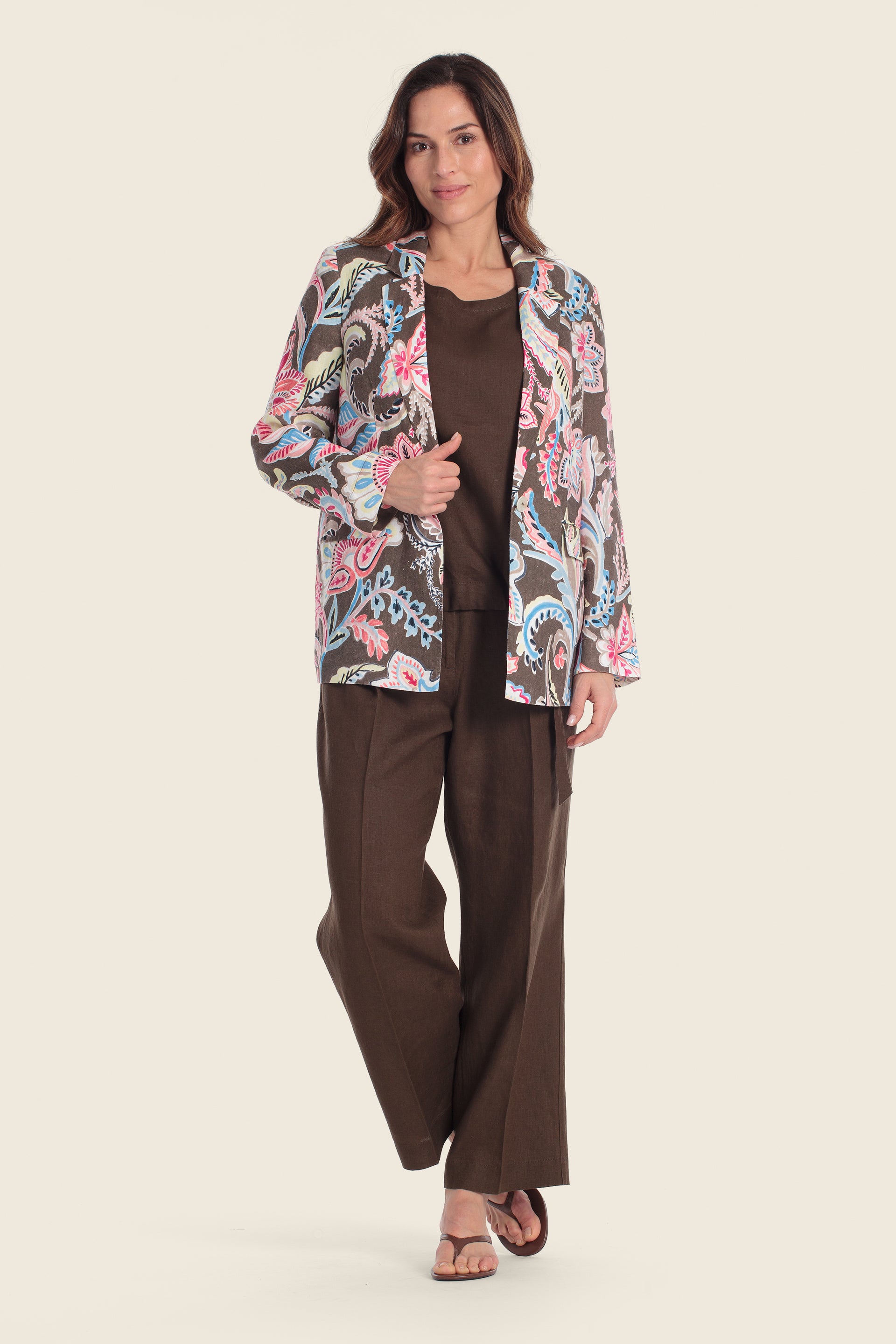 Bedruckter Leinenblazer mit fallendem Revers