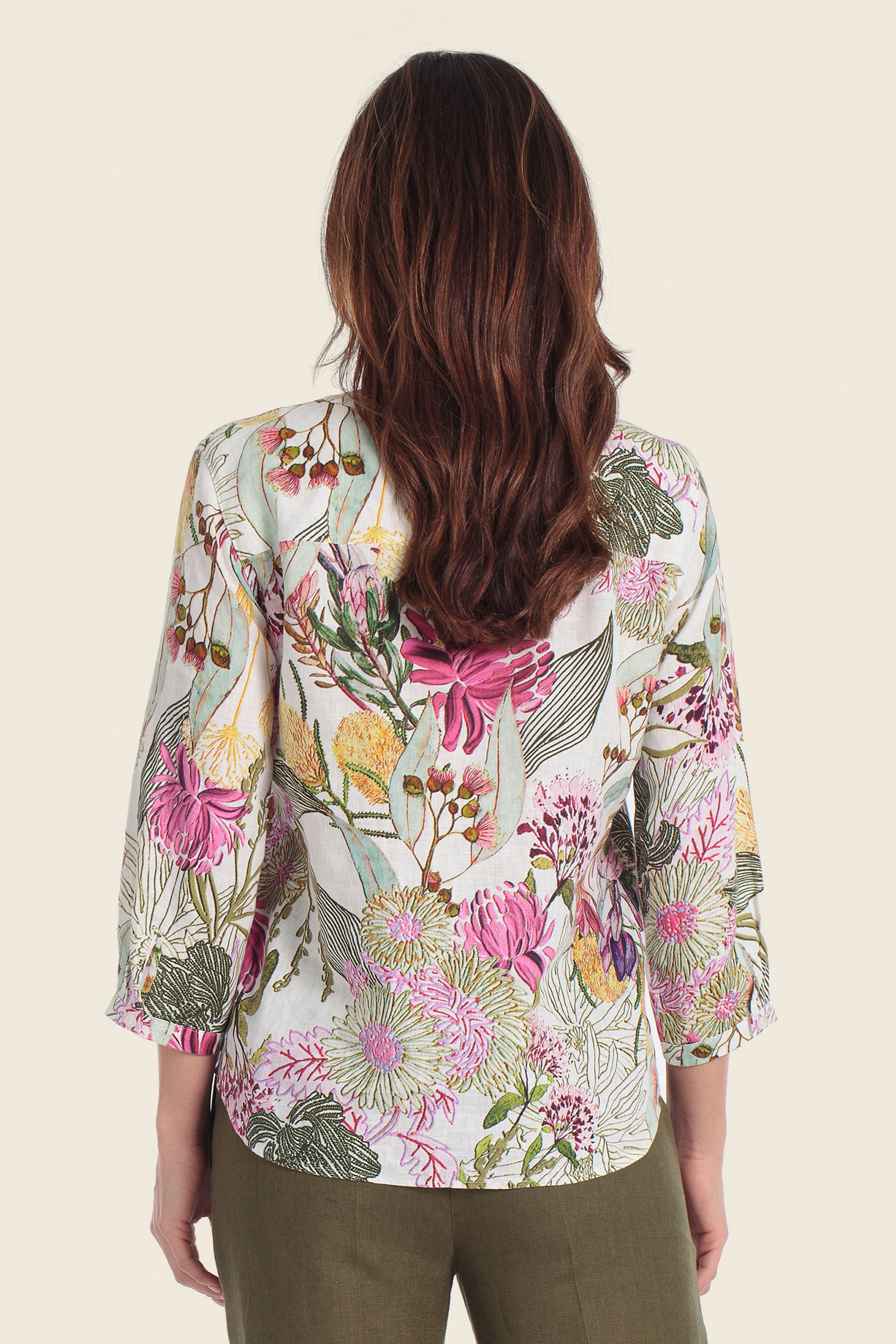 Bedruckte Leinenbluse mit tropischem Blumenmuster