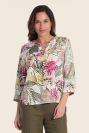 Bedruckte Leinenbluse mit tropischem Blumenmuster