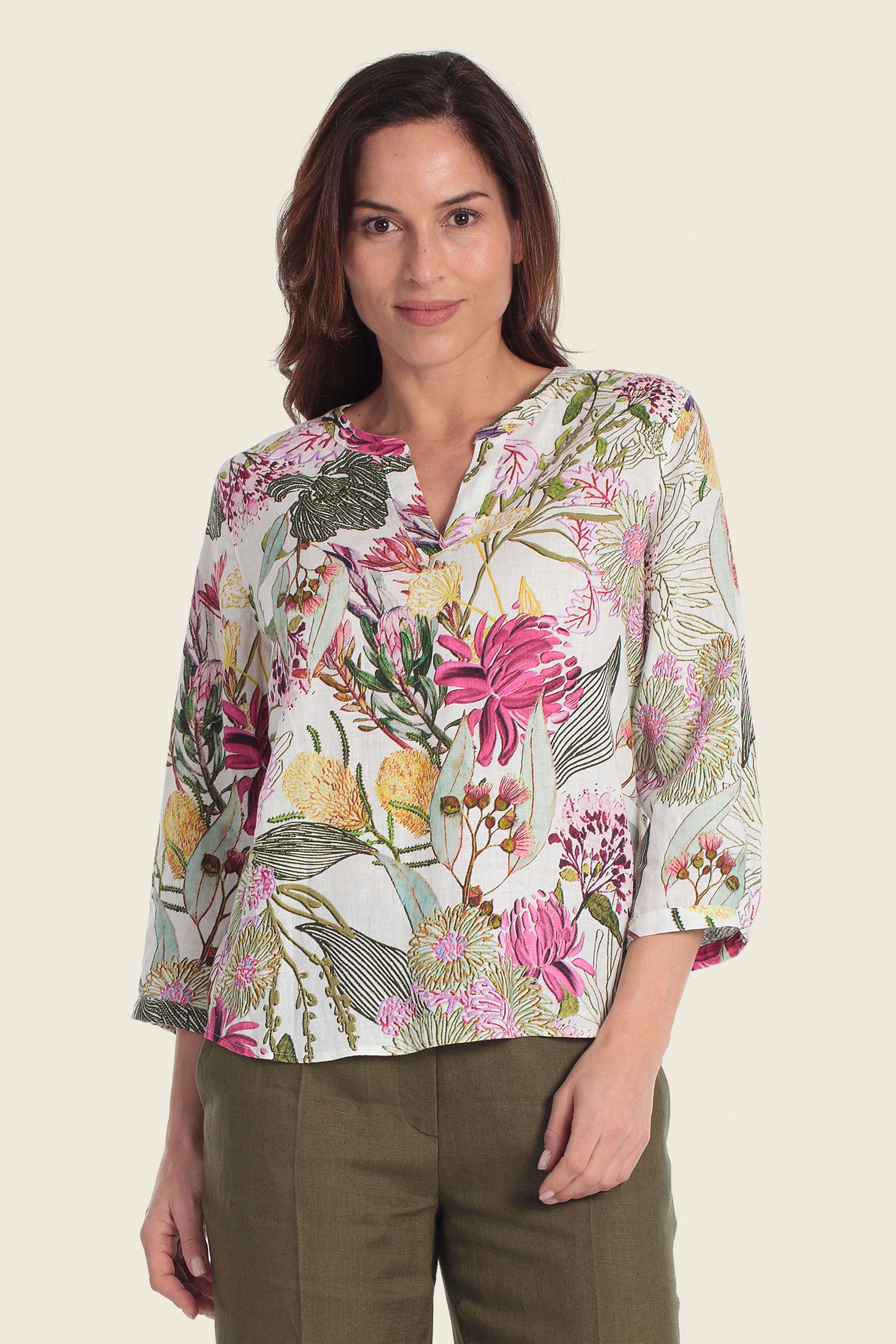 Bedruckte Leinenbluse mit tropischem Blumenmuster