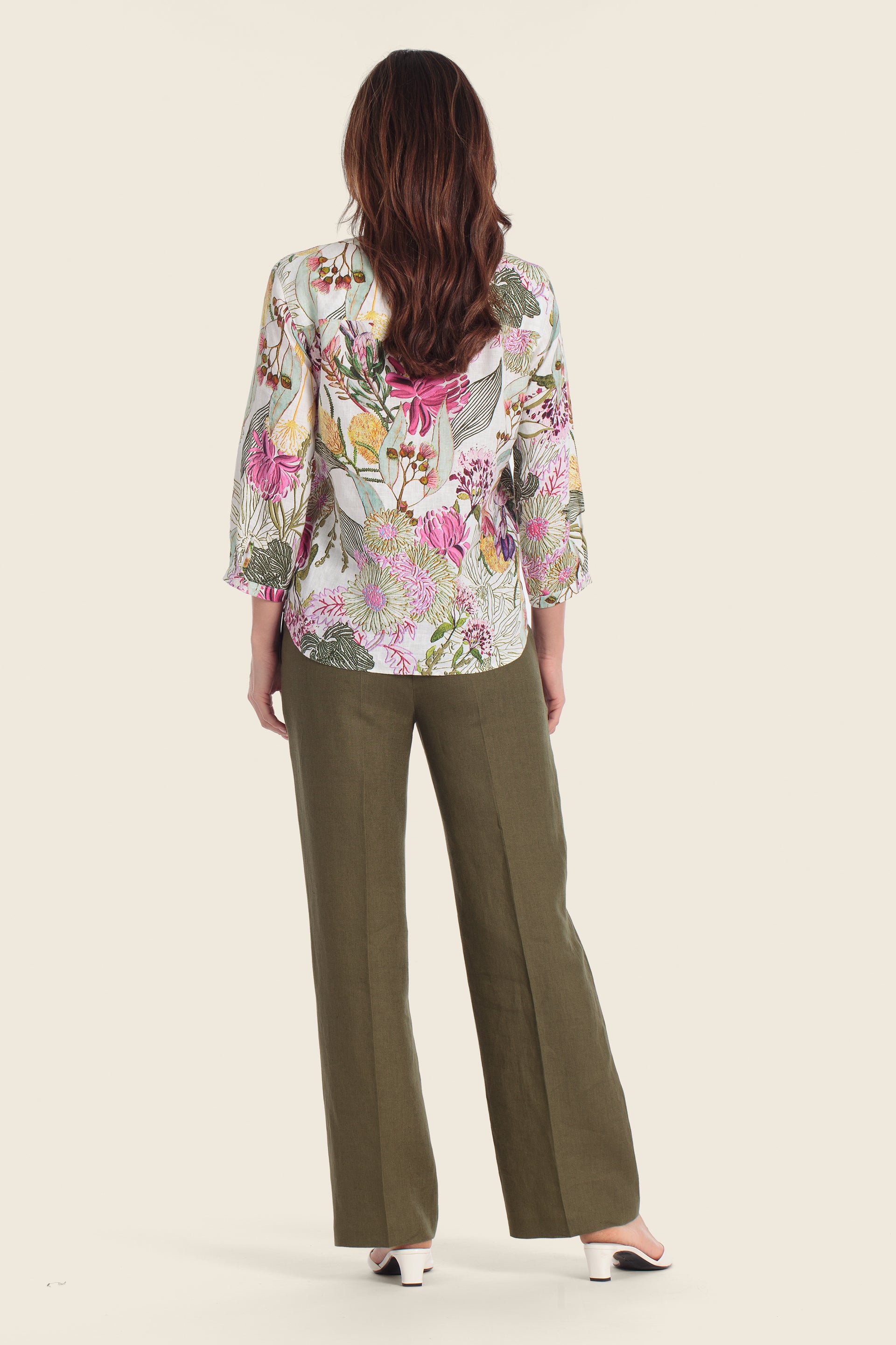 Bedruckte Leinenbluse mit tropischem Blumenmuster