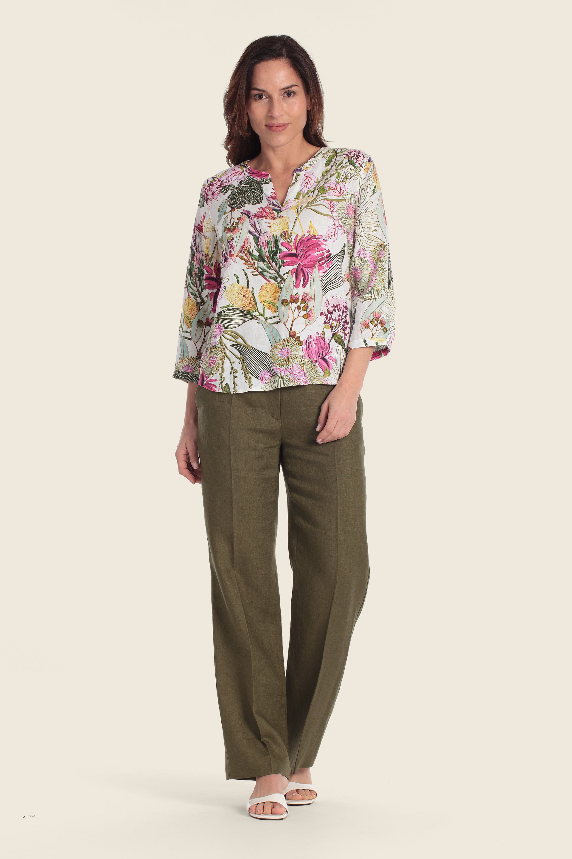 Bedruckte Leinenbluse mit tropischem Blumenmuster