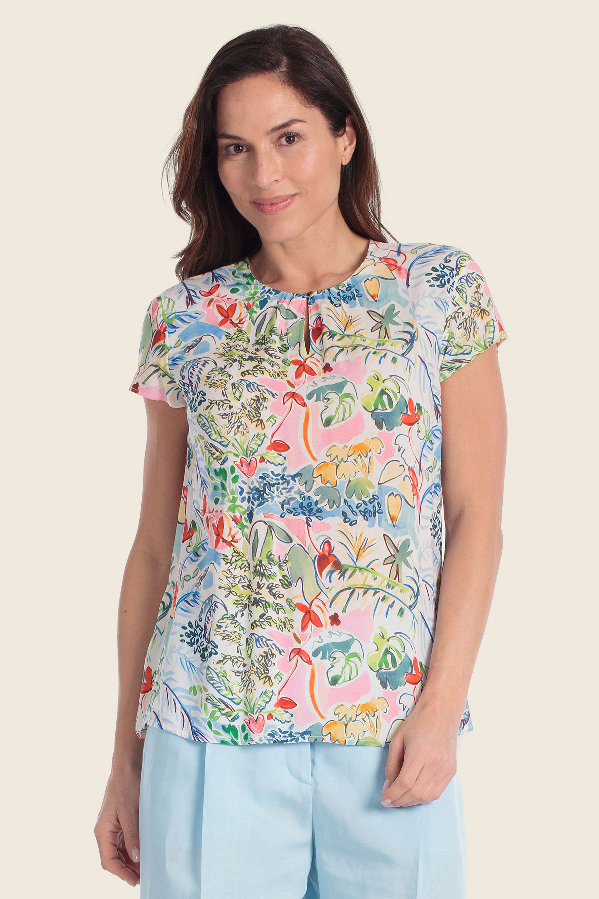 Bedruckte Viskosebluse mit Rundhalsausschnitt
