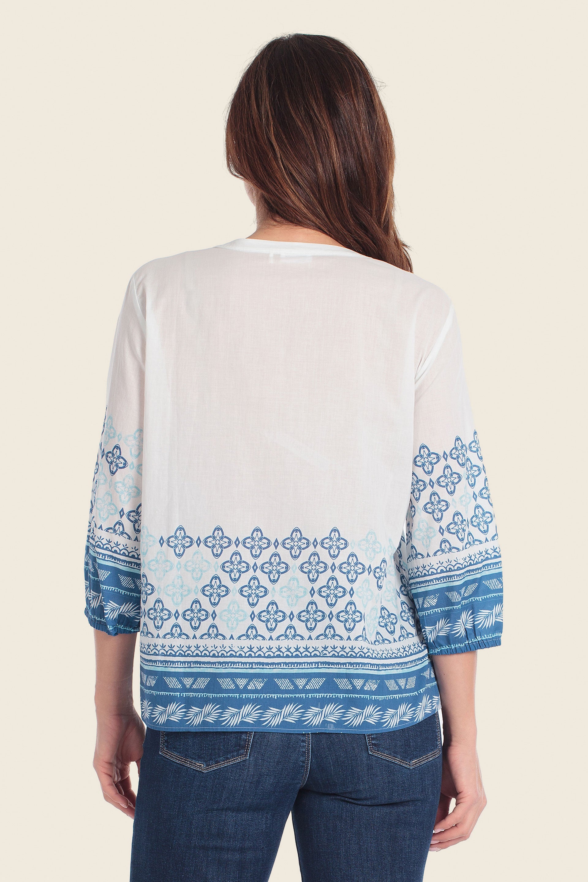 Bedruckte Baumwollbluse mit V-Ausschnitt