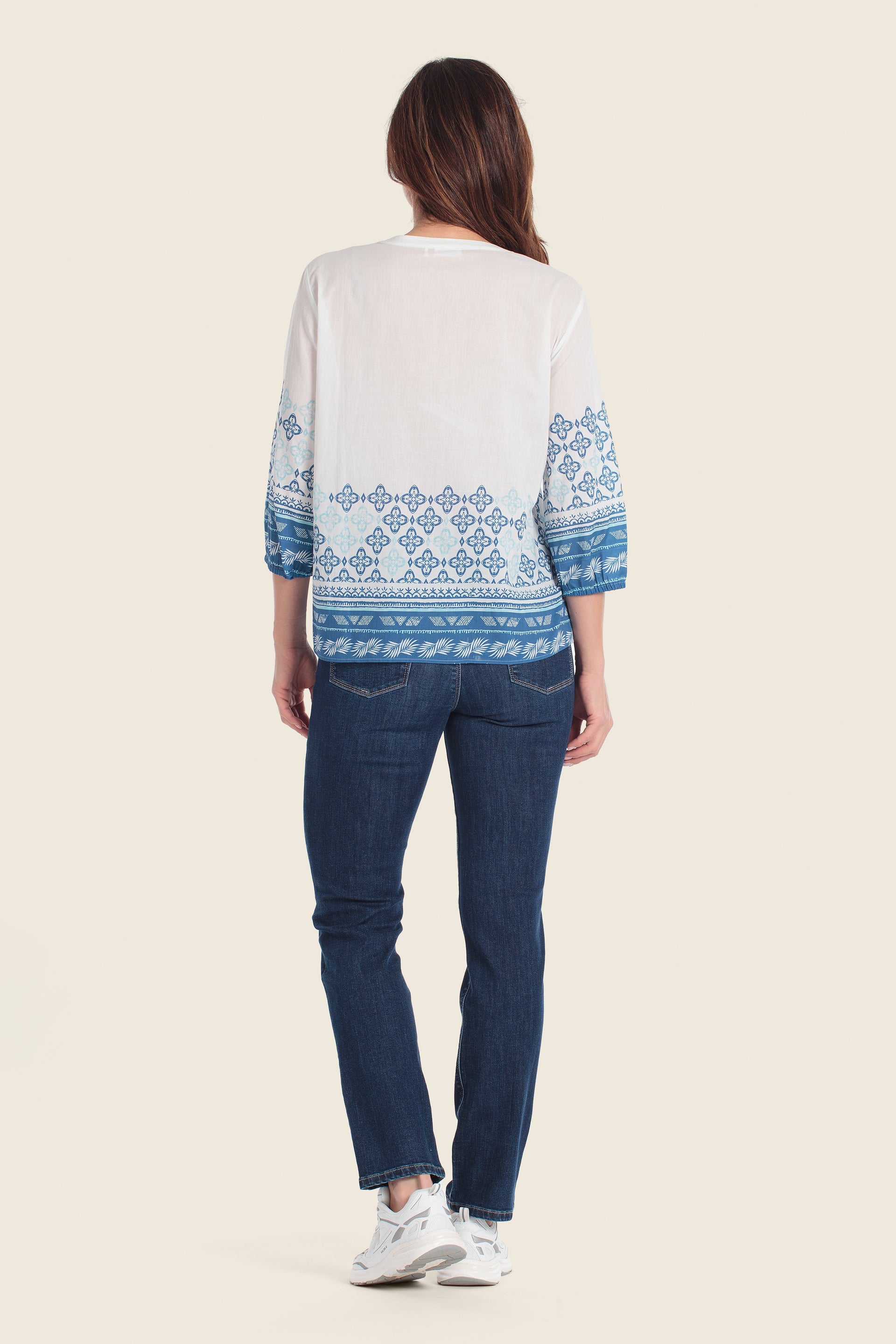 Bedruckte Baumwollbluse mit V-Ausschnitt