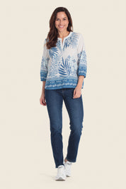 Bedruckte Baumwollbluse mit V-Ausschnitt