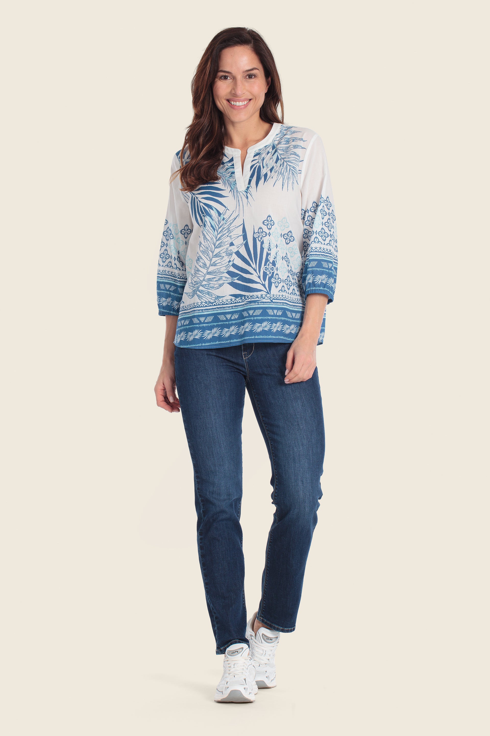 Bedruckte Baumwollbluse mit V-Ausschnitt
