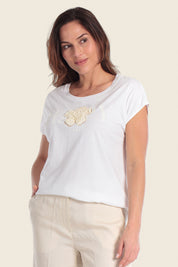 T-Shirt aus Baumwollmischgewebe mit floralem Applikationsdruck
