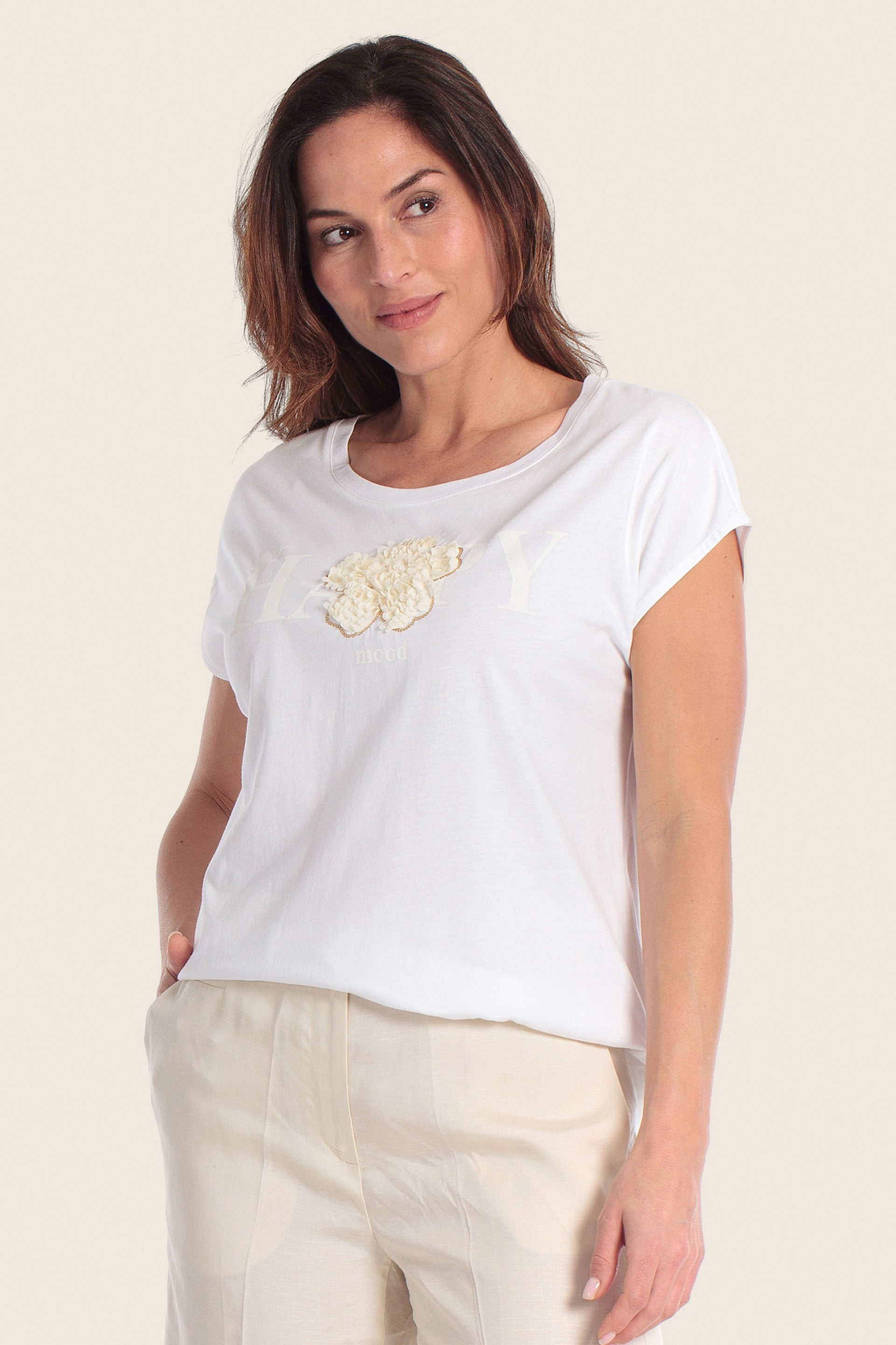 T-Shirt aus Baumwollmischgewebe mit floralem Applikationsdruck