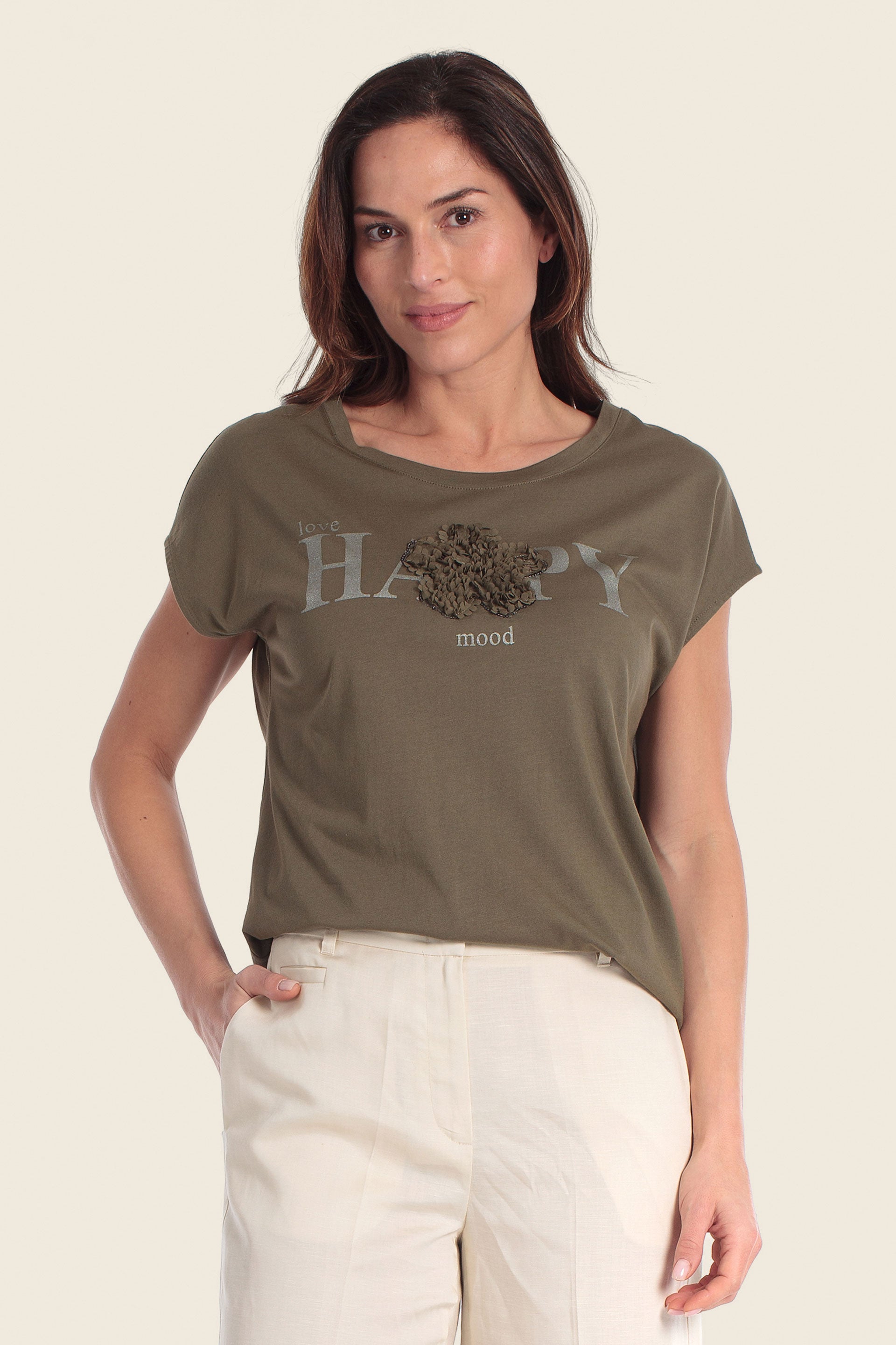 T-Shirt aus Baumwollmischgewebe mit floralem Applikationsdruck