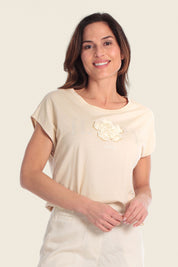 T-Shirt aus Baumwollmischgewebe mit floralem Applikationsdruck