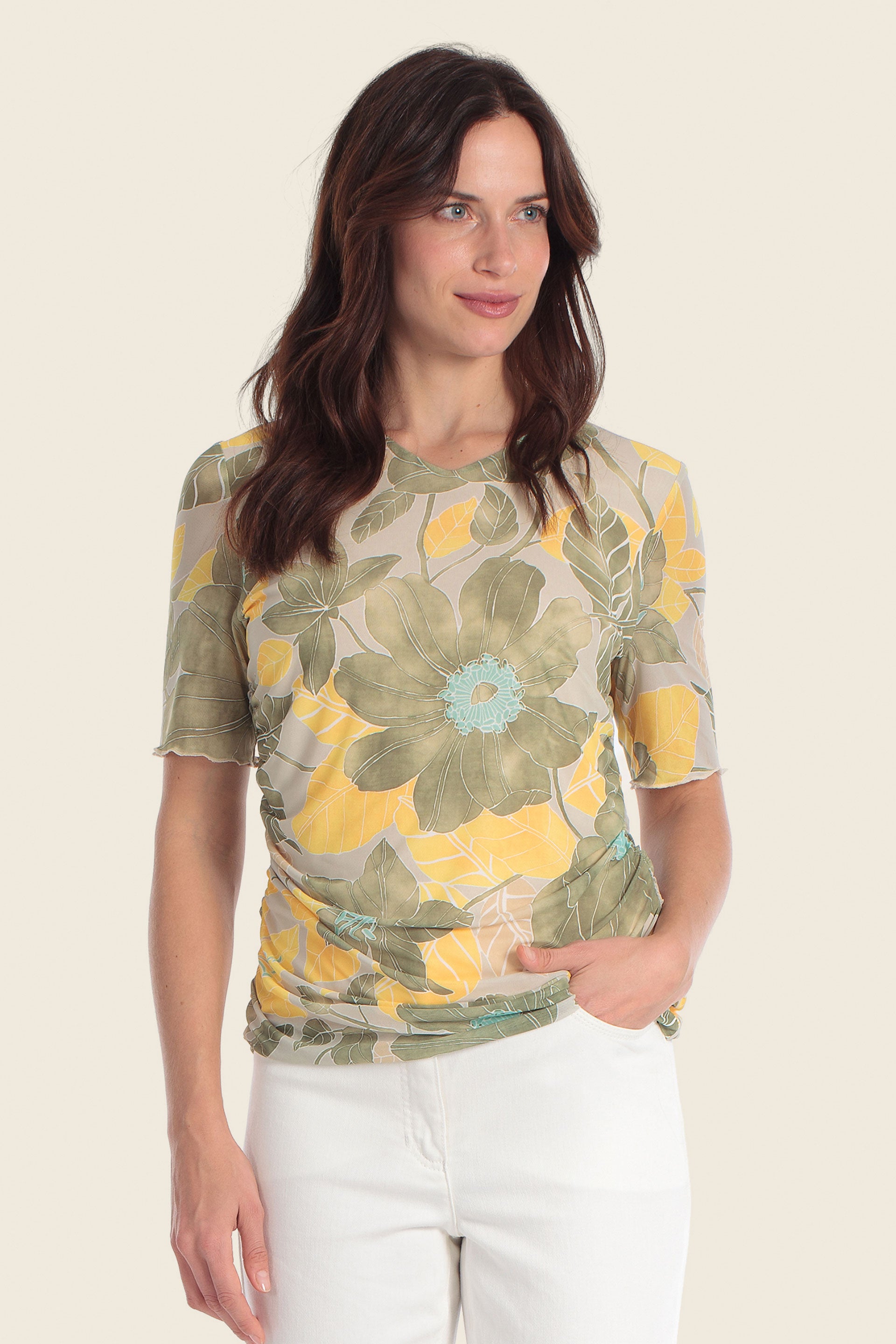 Bedrucktes Mesh-T-Shirt mit floralem Blättermuster