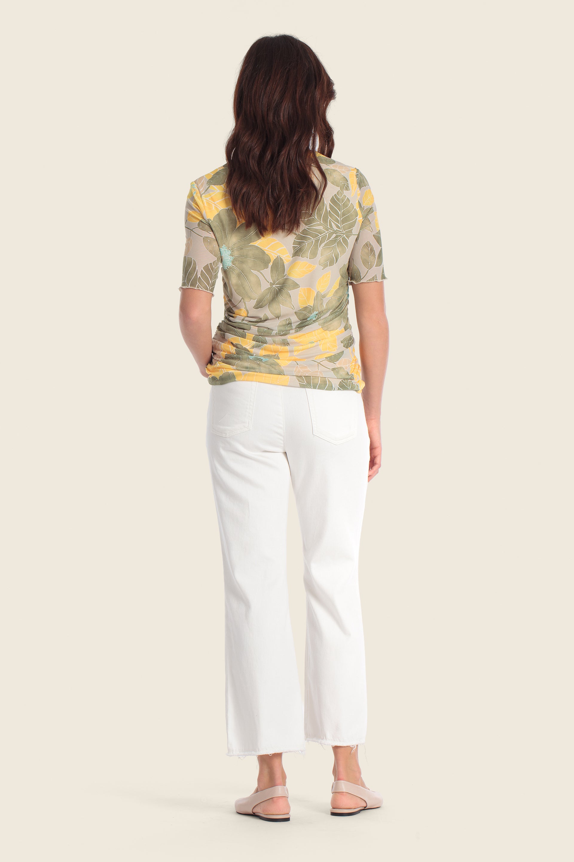 Bedrucktes Mesh-T-Shirt mit floralem Blättermuster