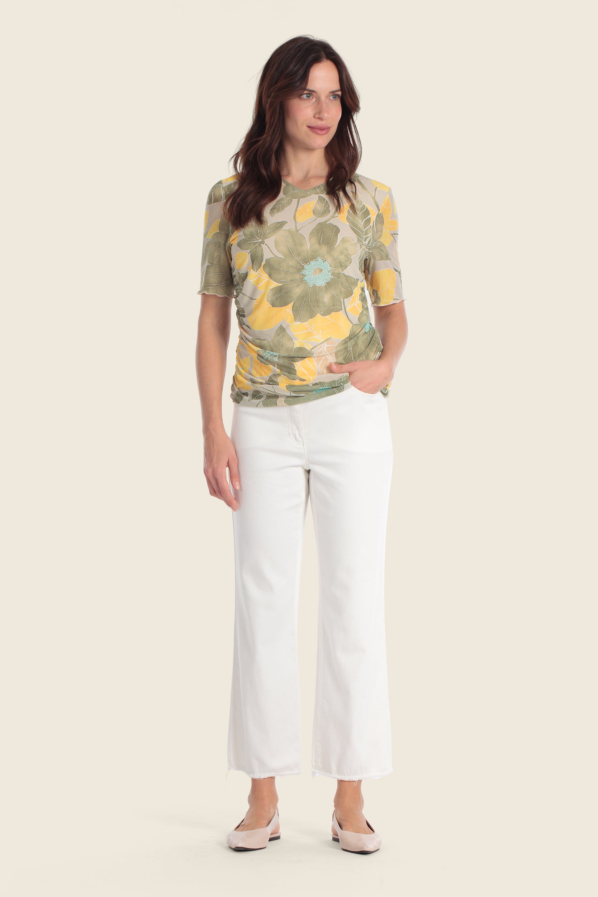 Bedrucktes Mesh-T-Shirt mit floralem Blättermuster