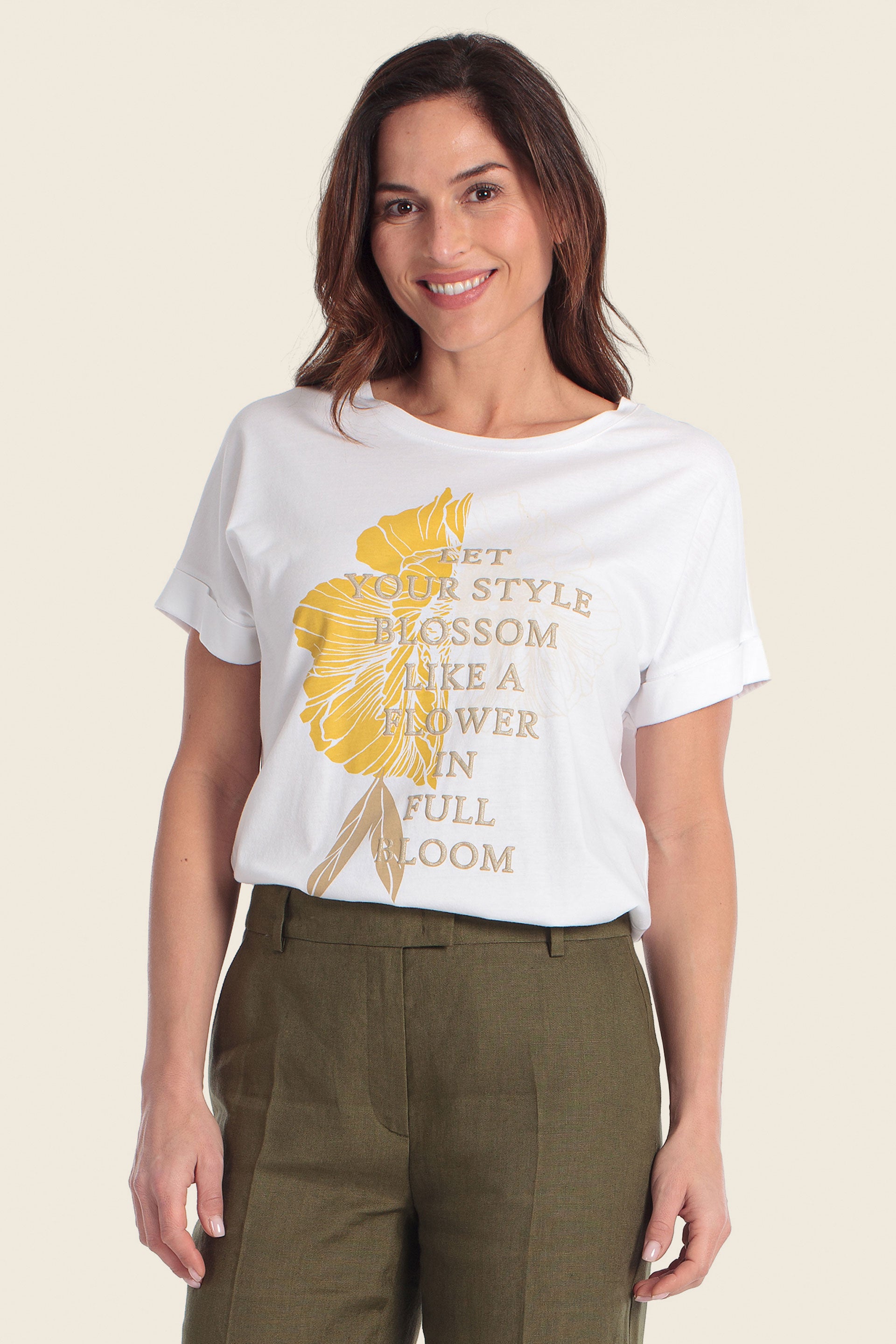 T-Shirt aus Baumwollmischgewebe mit floralem Slogan-Print