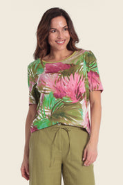 Bedrucktes T-Shirt aus Baumwollmischgewebe mit tropischem Design