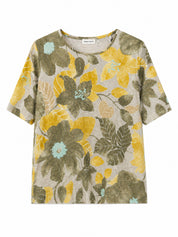 T-Shirt aus Baumwoll-Leinen-Mischgewebe mit Blumenmuster
