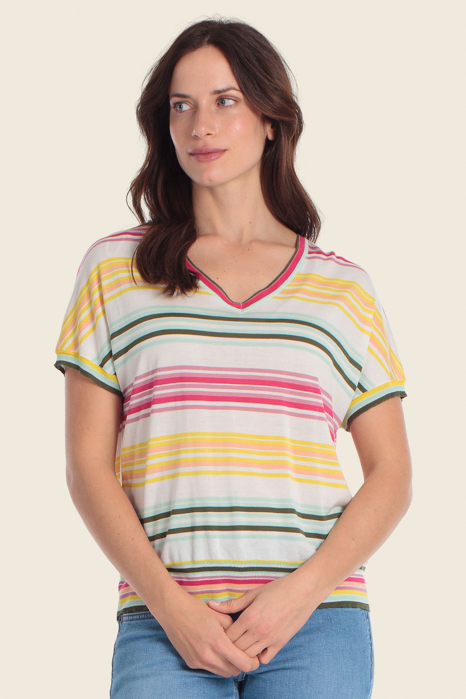 Mehrfarbig gestreifter Tencel™-Strickpullover