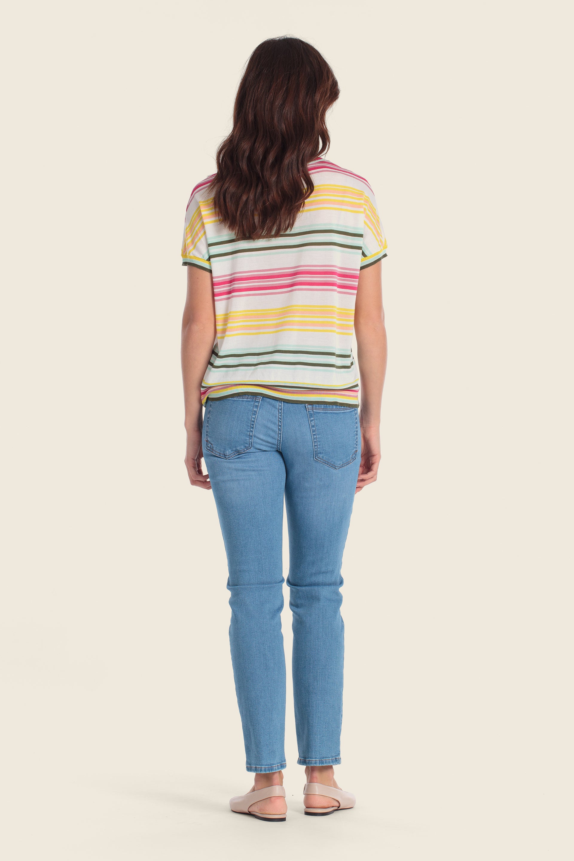 Mehrfarbig gestreifter Tencel™-Strickpullover