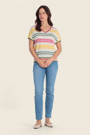 Mehrfarbig gestreifter Tencel™-Strickpullover