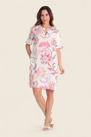 Bedrucktes Leinenkleid mit V-Ausschnitt