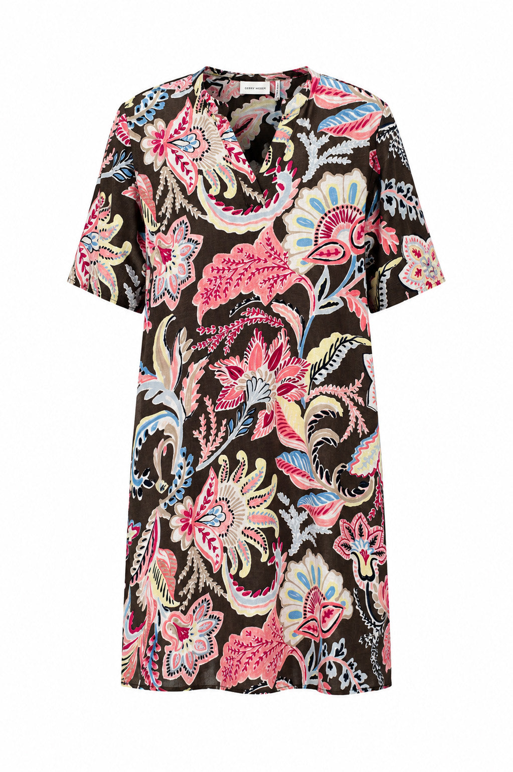 Bedrucktes Leinenkleid mit V-Ausschnitt
