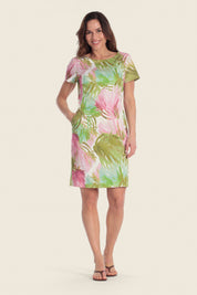 Bedrucktes Stretch-Baumwollkleid mit tropischem Muster