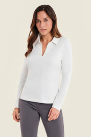 Poloshirt aus Baumwolle mit offenem Kragen, Wollweiß