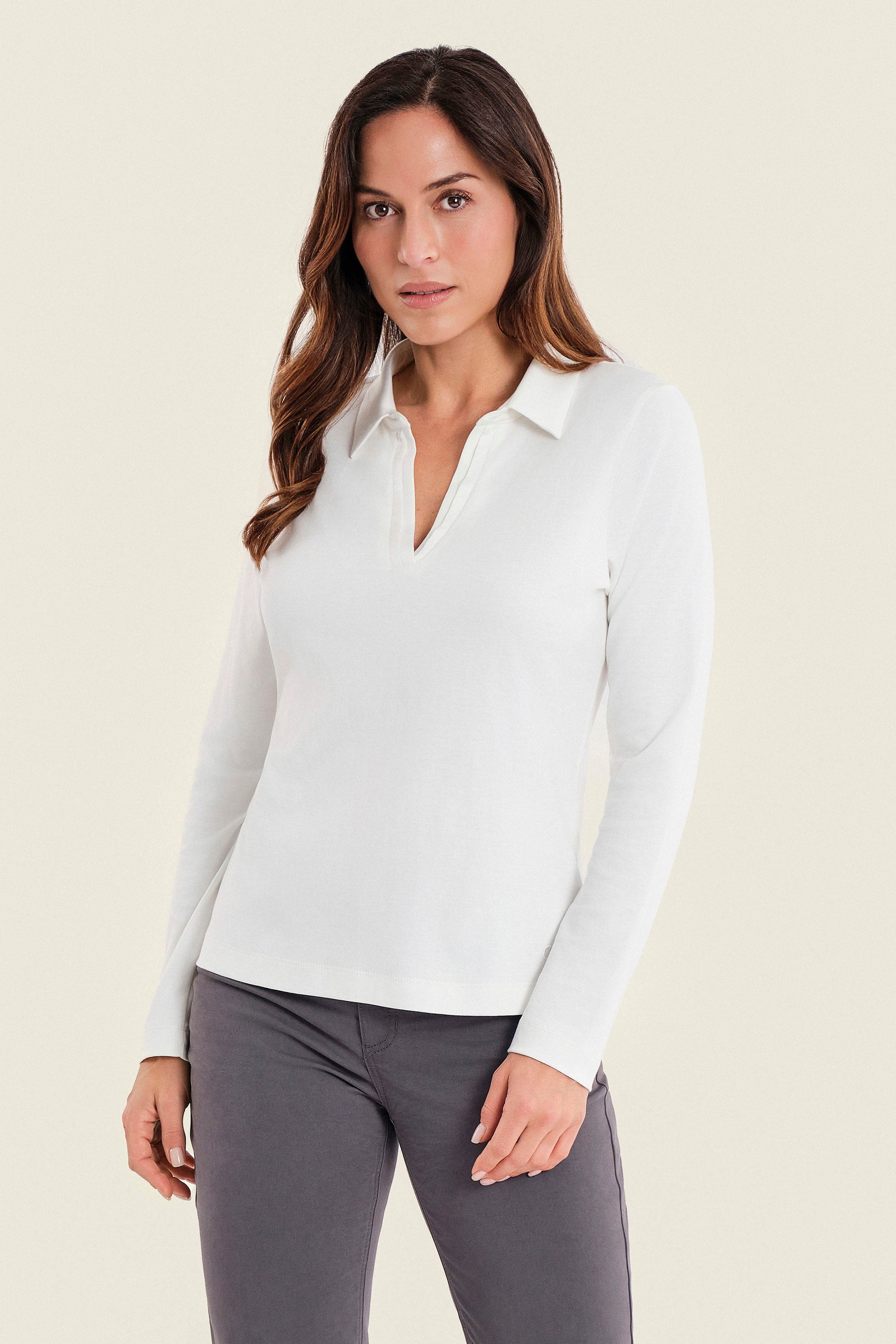 Poloshirt aus Baumwolle mit offenem Kragen, Wollweiß