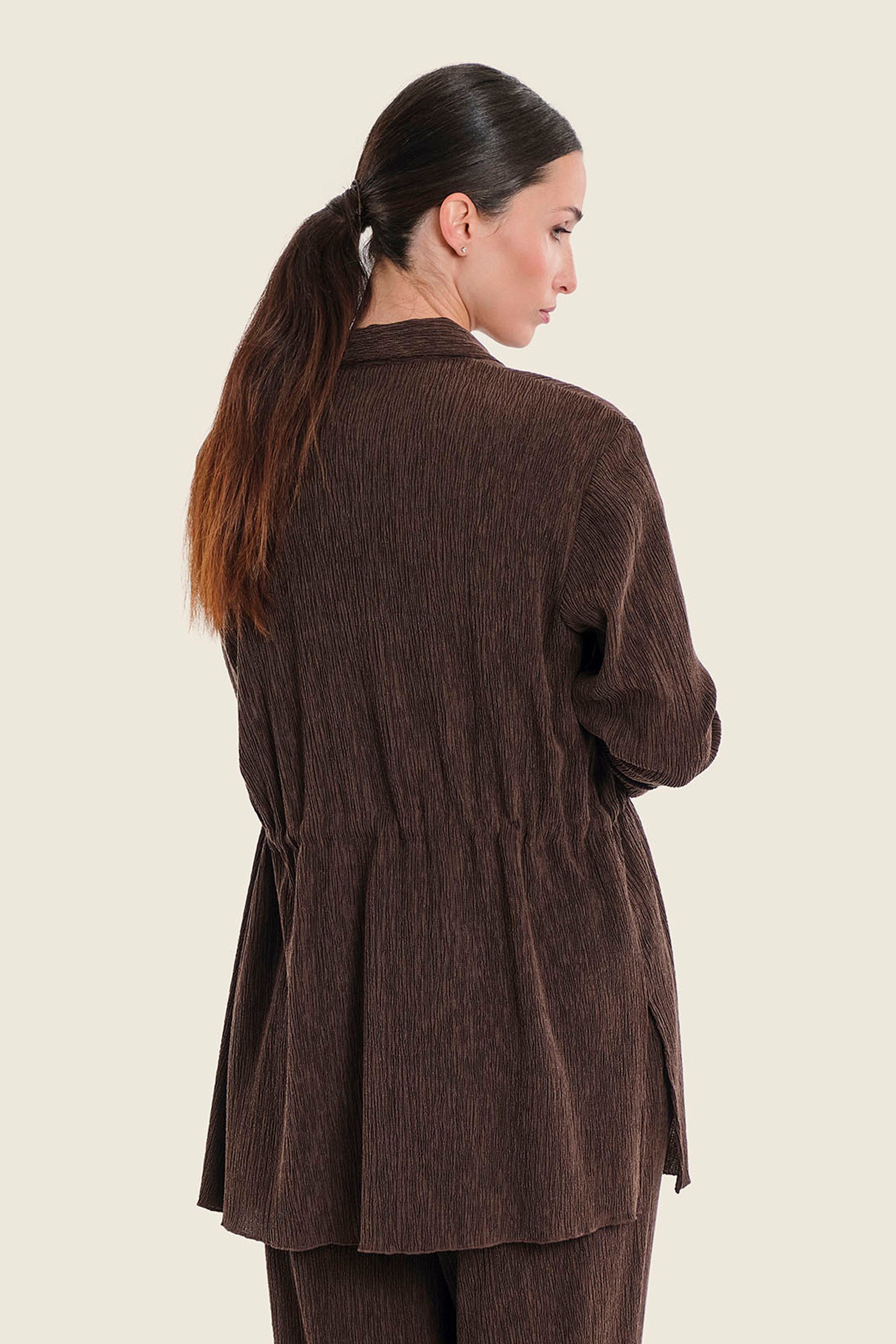 Lange Bluse in Knitteroptik mit Tunnelzug, Pflaumenbraun