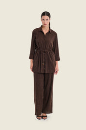 Lange Bluse in Knitteroptik mit Tunnelzug, Pflaumenbraun