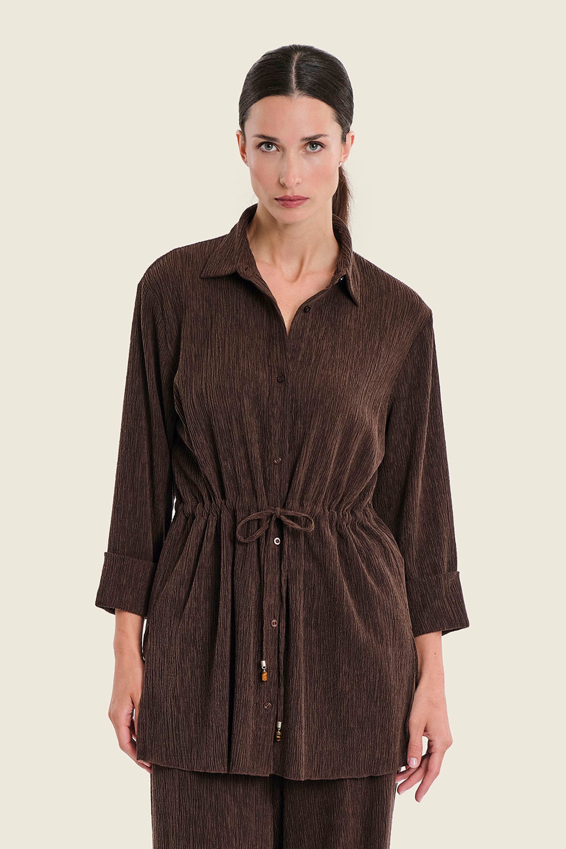 Lange Bluse in Knitteroptik mit Tunnelzug, Pflaumenbraun