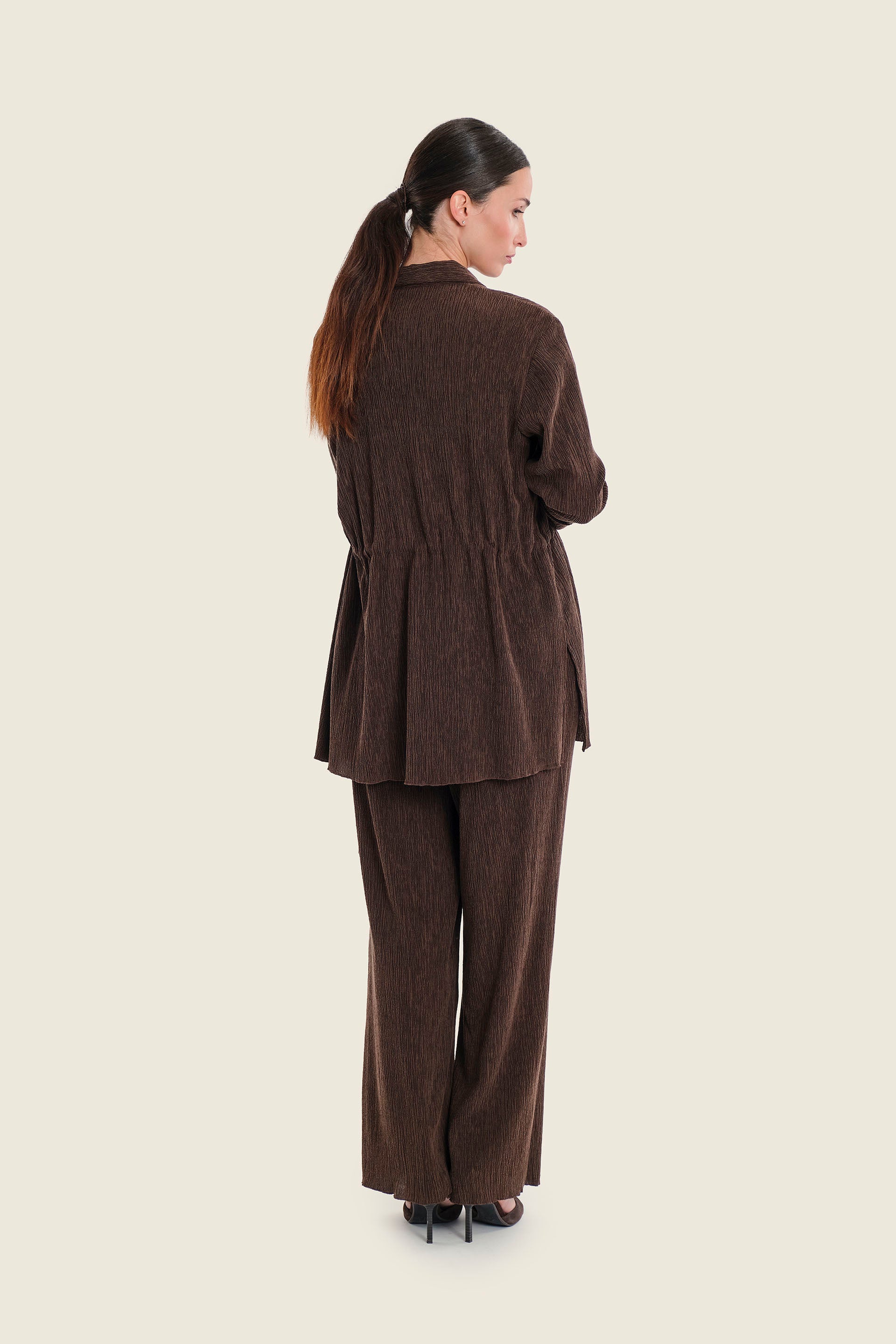 Lange Bluse in Knitteroptik mit Tunnelzug, Pflaumenbraun