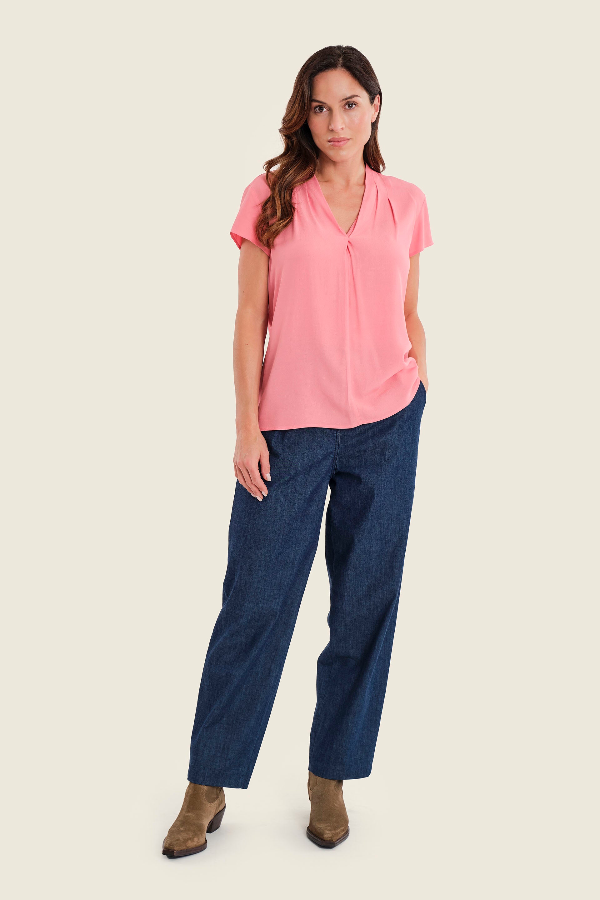Fließende Bluse mit V-Ausschnitt und Bindeband, Pfirsichblüte