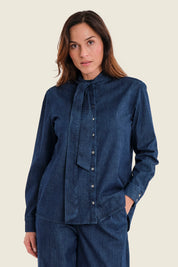 Jeansbluse mit Schluppe, Denim Dunkelblau