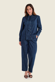 Jeansbluse mit Schluppe, Denim Dunkelblau