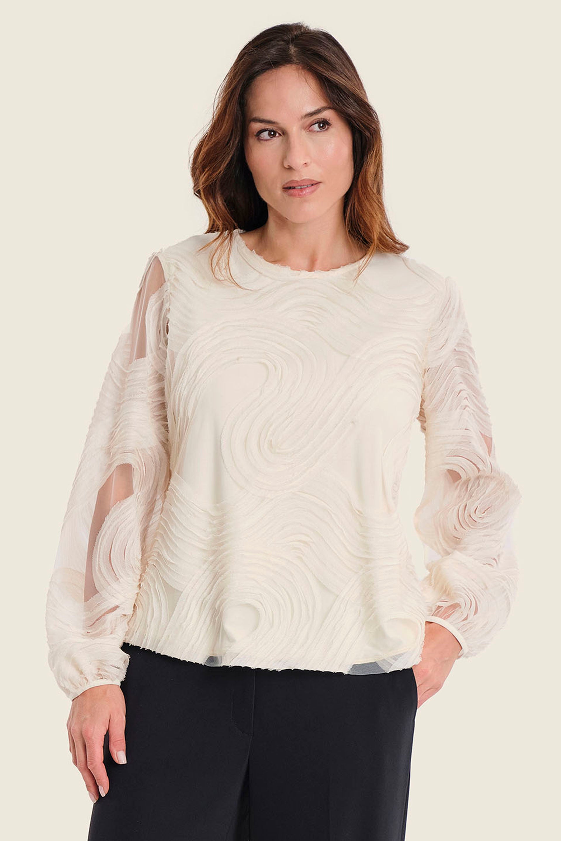Strukturbluse mit Rundhalsausschnitt, Weiß