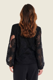 Strukturbluse mit Rundhalsausschnitt, Schwarz