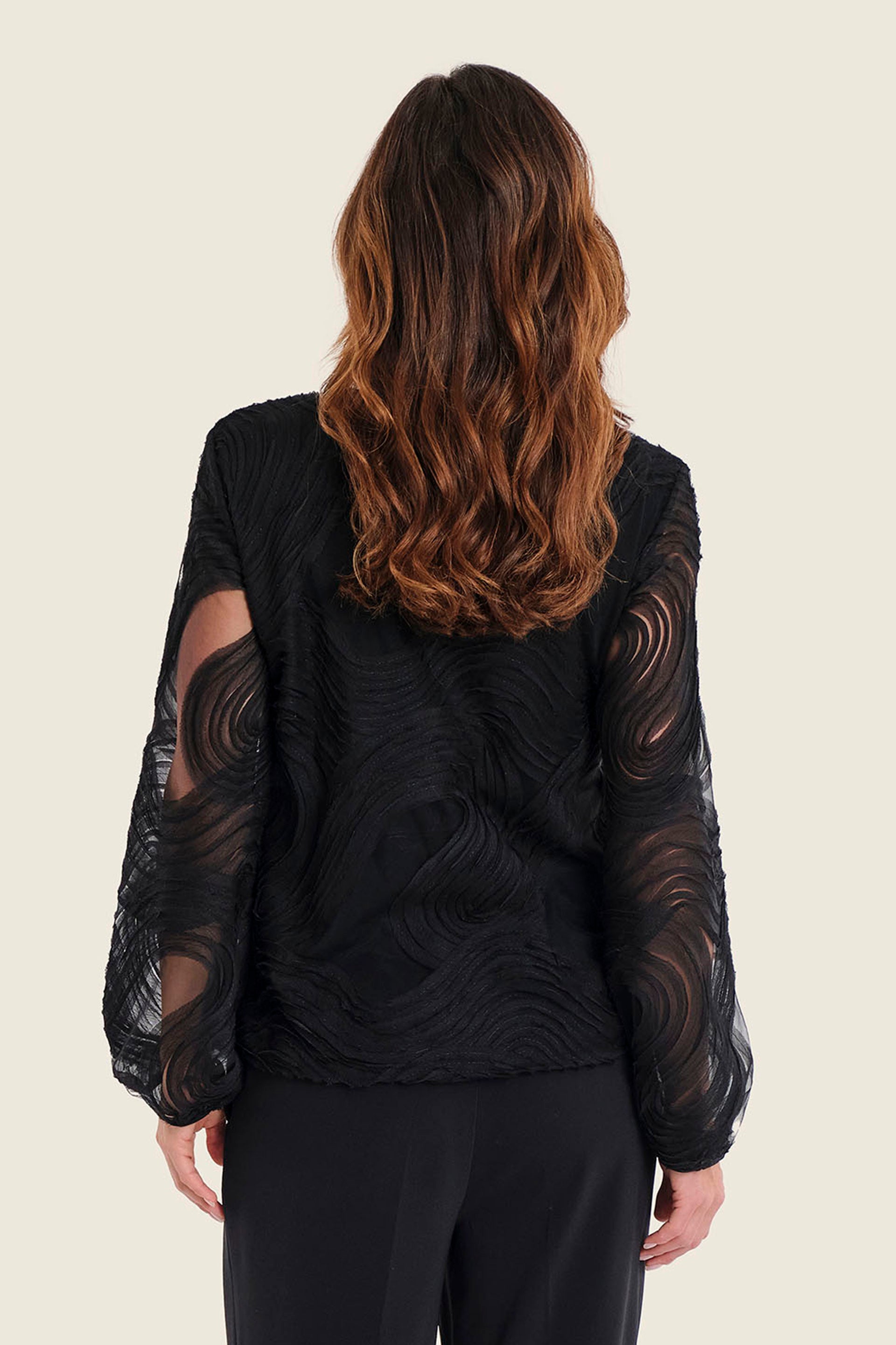 Strukturbluse mit Rundhalsausschnitt, Schwarz