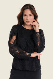 Strukturbluse mit Rundhalsausschnitt, Schwarz