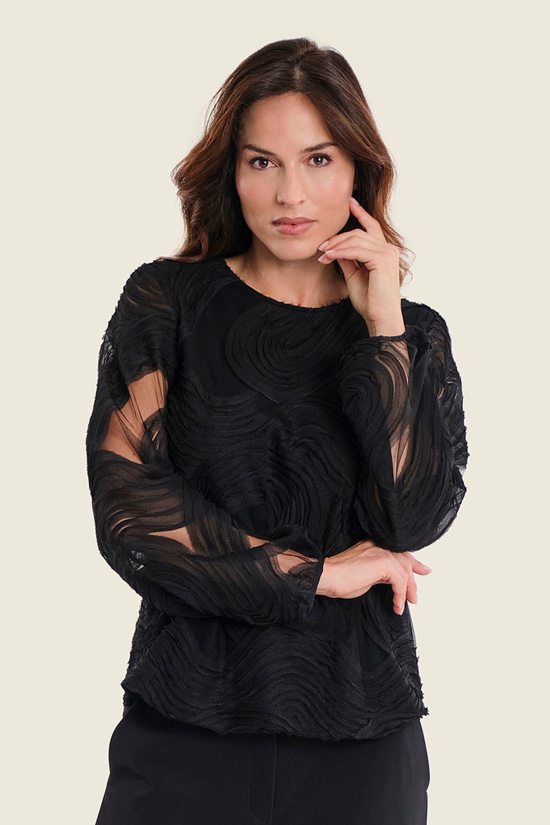 Strukturbluse mit Rundhalsausschnitt, Schwarz