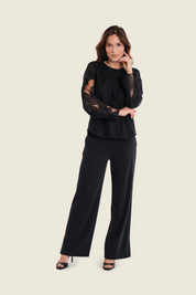 Strukturbluse mit Rundhalsausschnitt, Schwarz