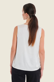 Ärmellose Bluse mit Spitze am V-Ausschnitt, Wollweiß