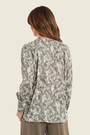 Bluse mit Raffung am Ausschnitt, Grün gemustert