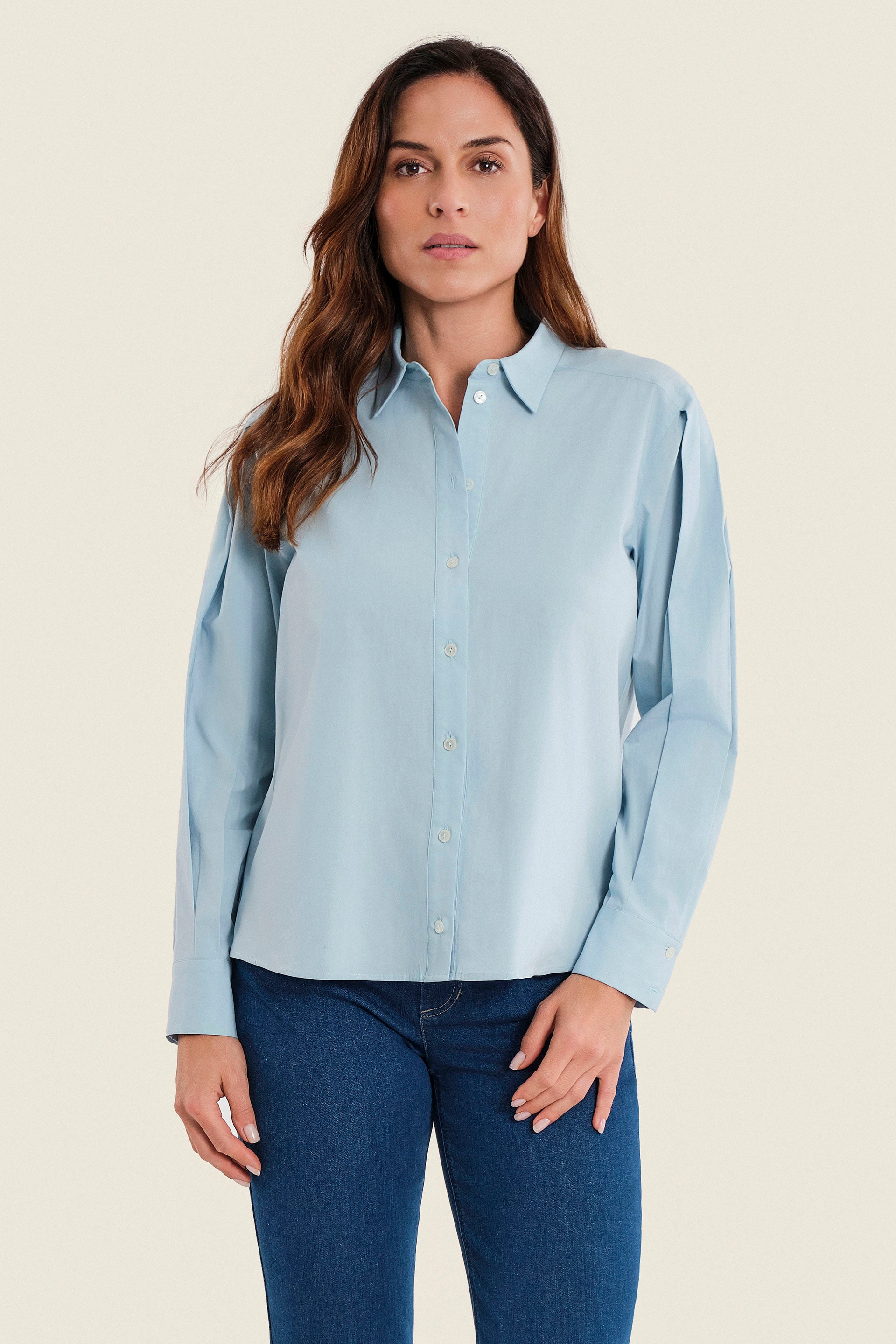 Hemdbluse aus Stretch-Baumwolle mit Krempelärmeln, Himmelblau
