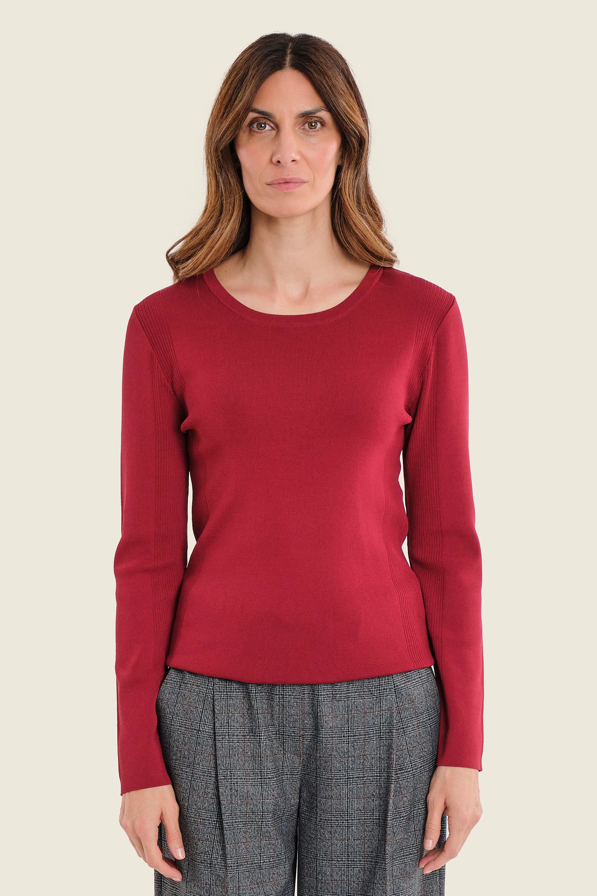 Langarmshirt mit Struktureinsätzen, Rubinrot